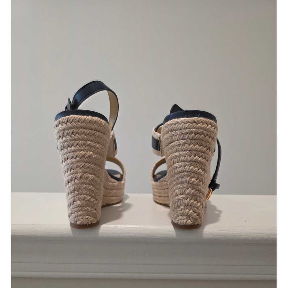 Women 6 M Michael Kors Reed Wedge Sandals Navy Natural Espadrille Platform Logo - Picture 5 of 11